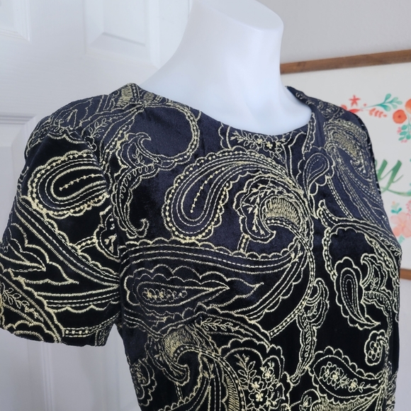 Calvin Klein Black Velvet and Gold Paisley Embroidered Dress Gold Zip 8 NWT - Picture 5 of 16